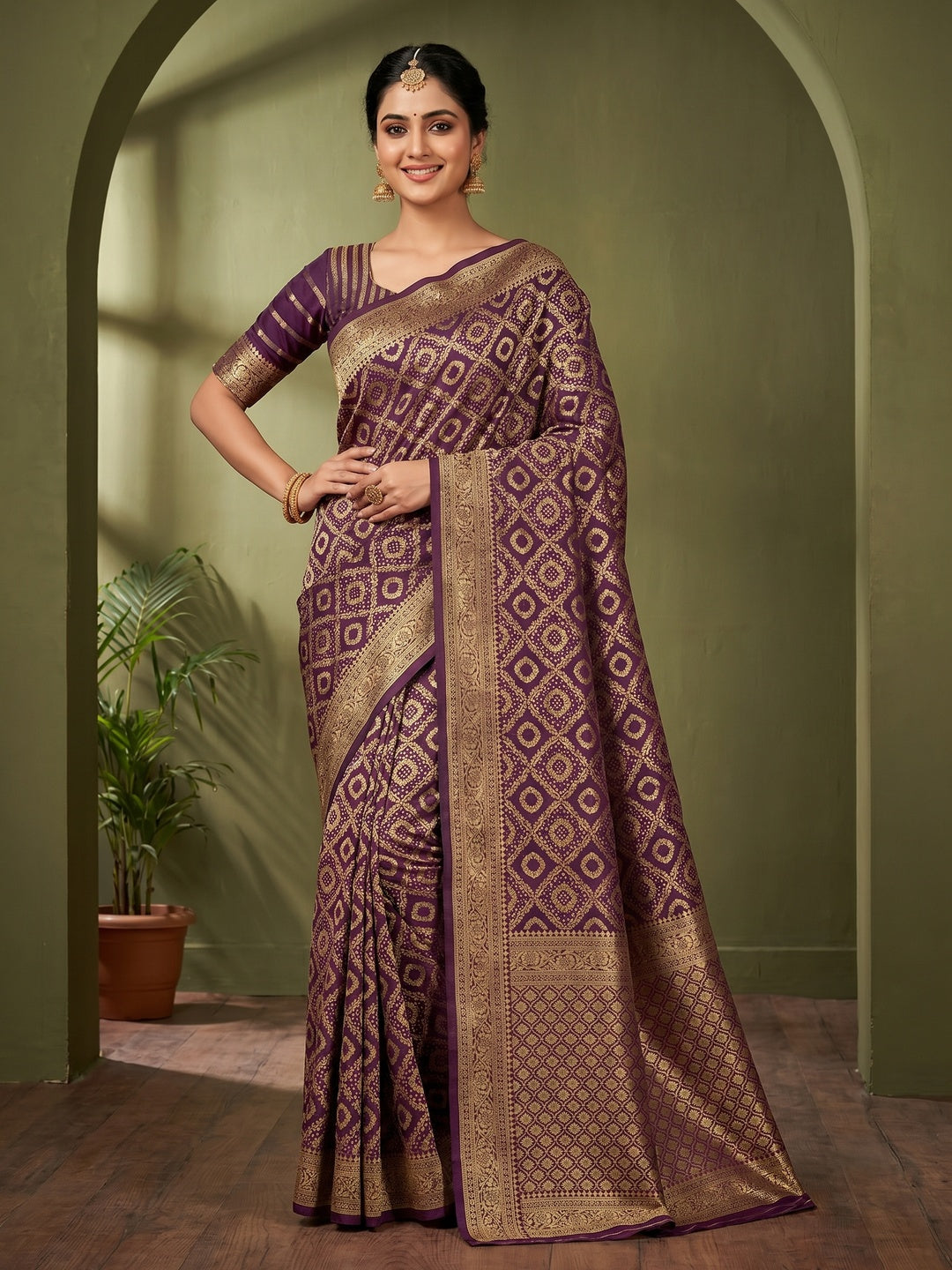 Classic Wine Silk Blend Saree with Zari Work Refined Festive Appeal - Image 1