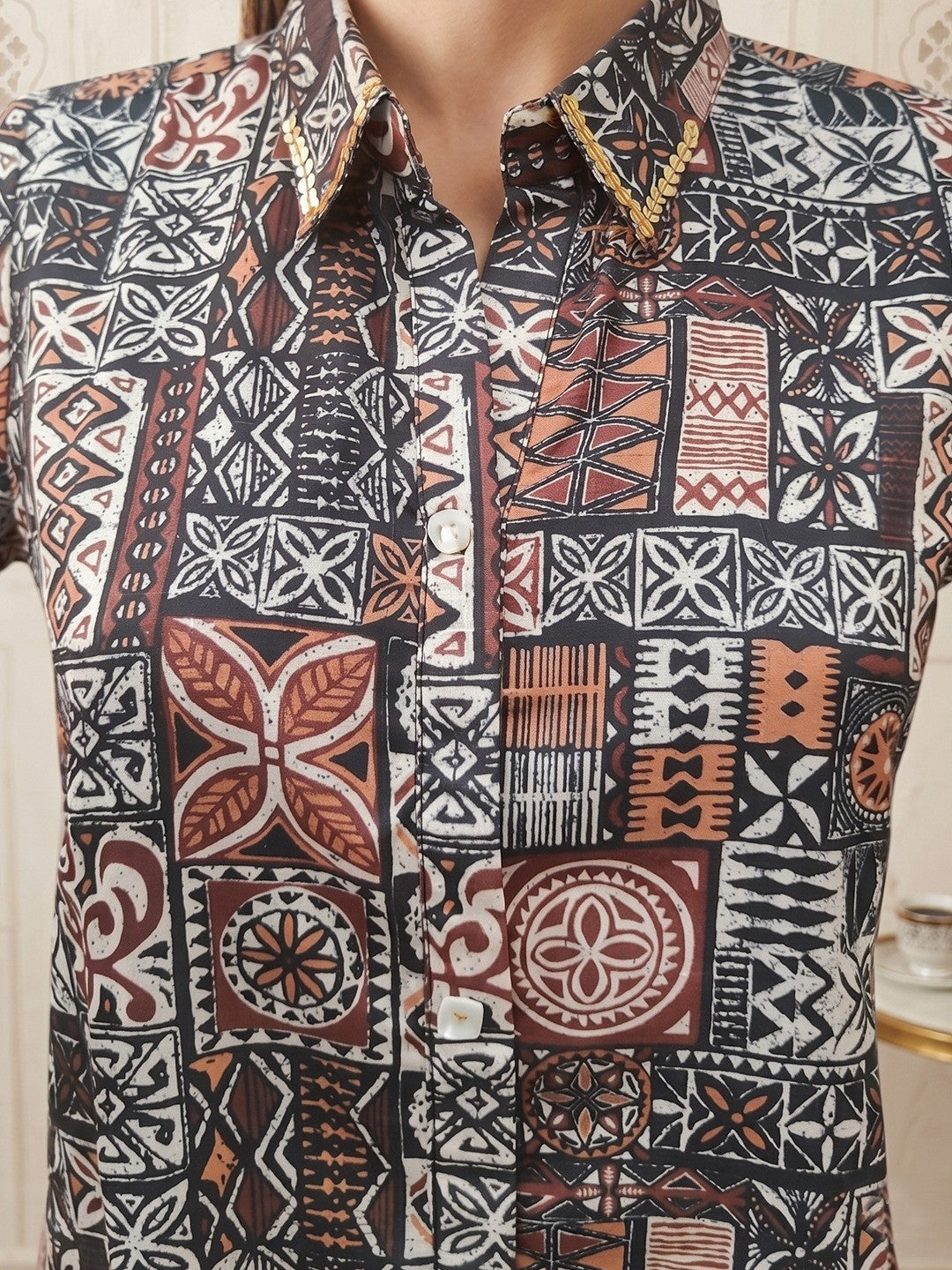 Stylish Brown Linen Top with Abstract Print Straight Fit Casual Wear - Image 2