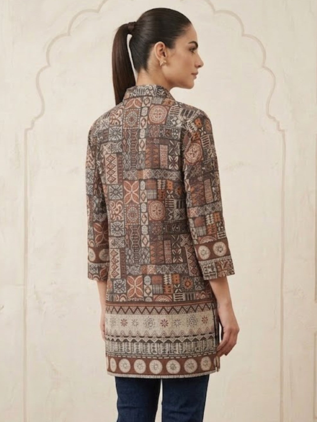Stylish Brown Linen Top with Abstract Print Straight Fit Casual Wear - Image 3