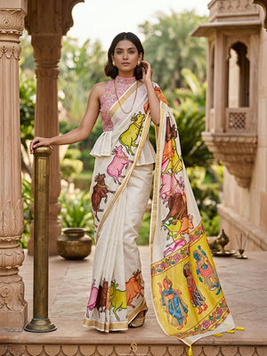 Cream Linen with Vibrant Hand-Painted Folk Art Motifs - Image 1