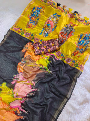 Exquisite Printed Black Linen Saree with Vibrant Border - Image 2