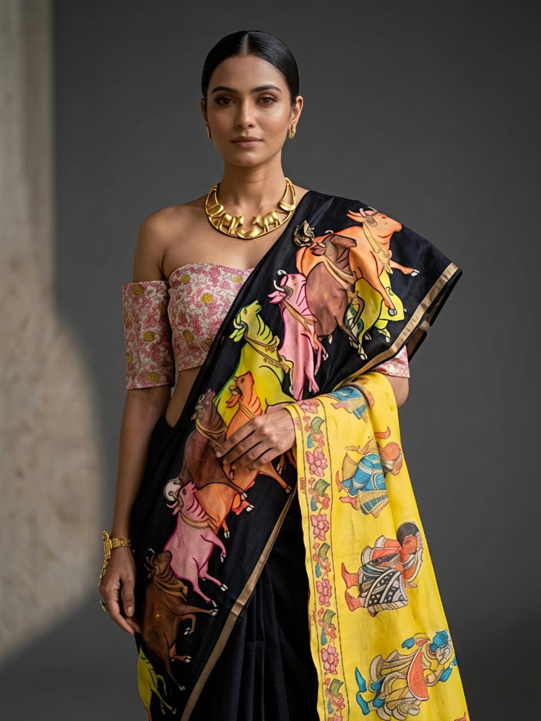 Exquisite Printed Black Linen Saree with Vibrant Border - Image 1
