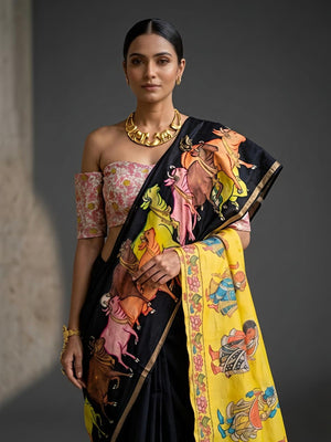 Exquisite Printed Black Linen Saree with Vibrant Border - Image 1