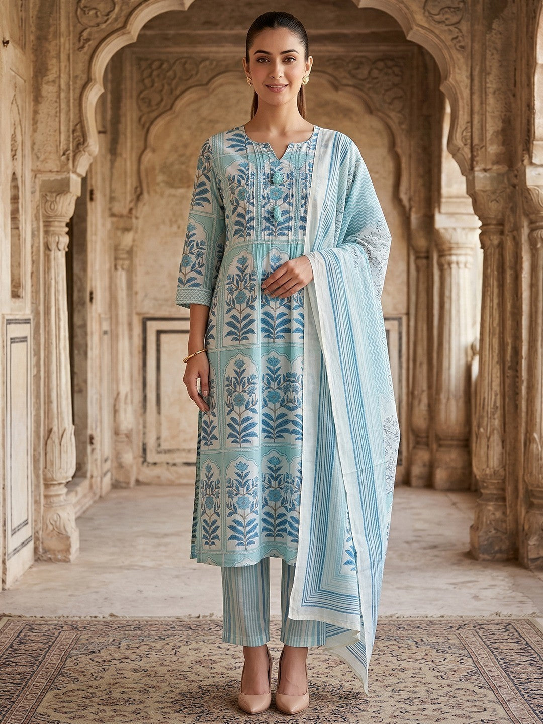 Blue Floral Printed Pure Cotton Salwar Suit Set Elegant Festive Wear - Image 1