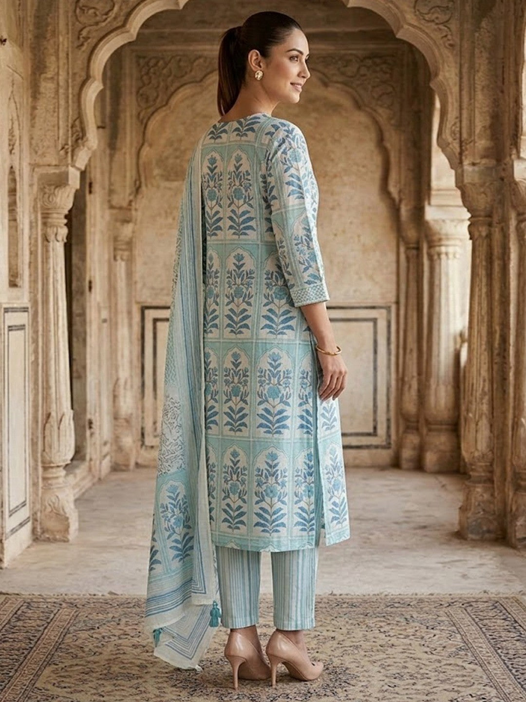 Blue Floral Printed Pure Cotton Salwar Suit Set Elegant Festive Wear - Image 3
