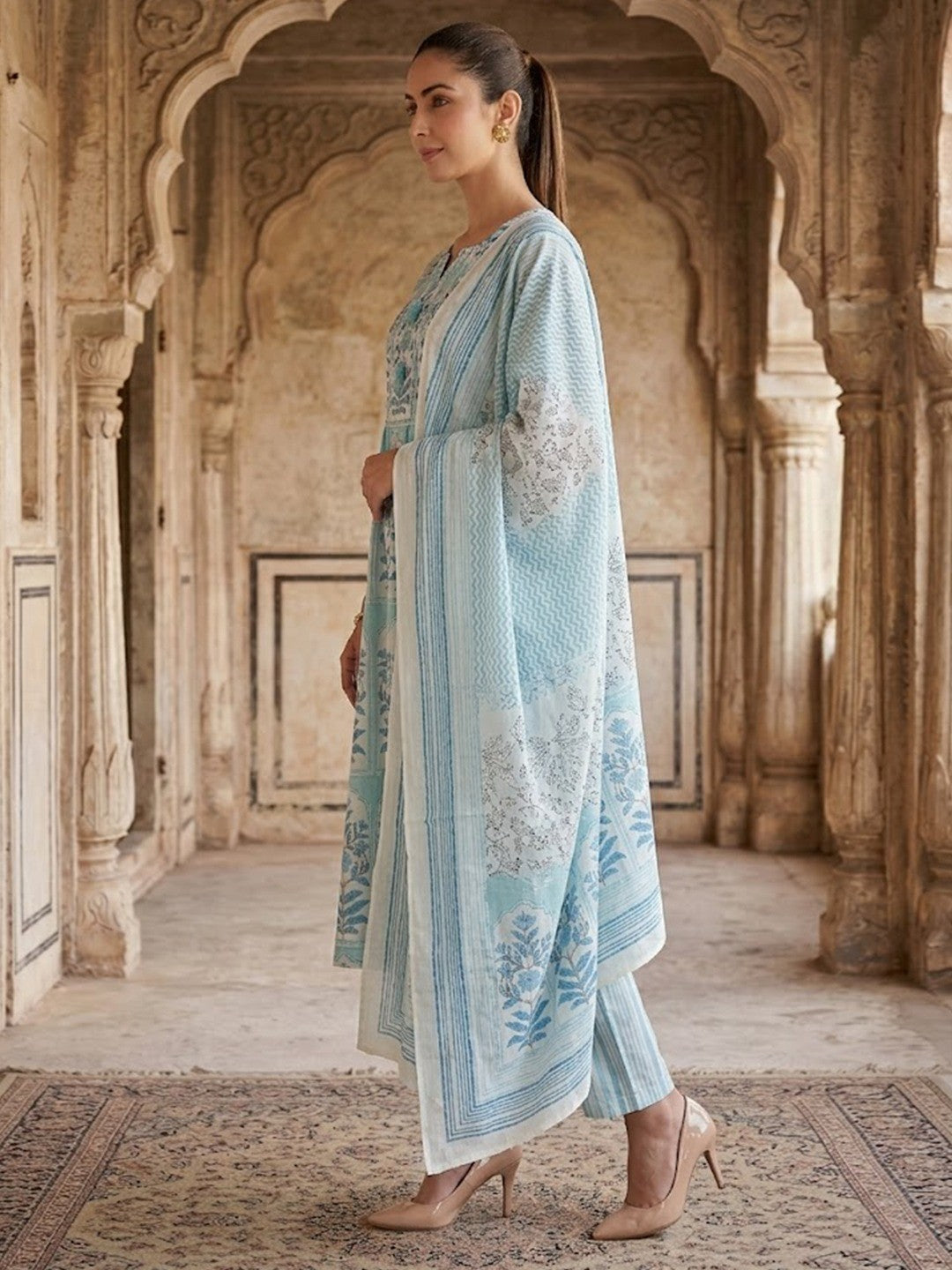 Blue Floral Printed Pure Cotton Salwar Suit Set Elegant Festive Wear - Image 2