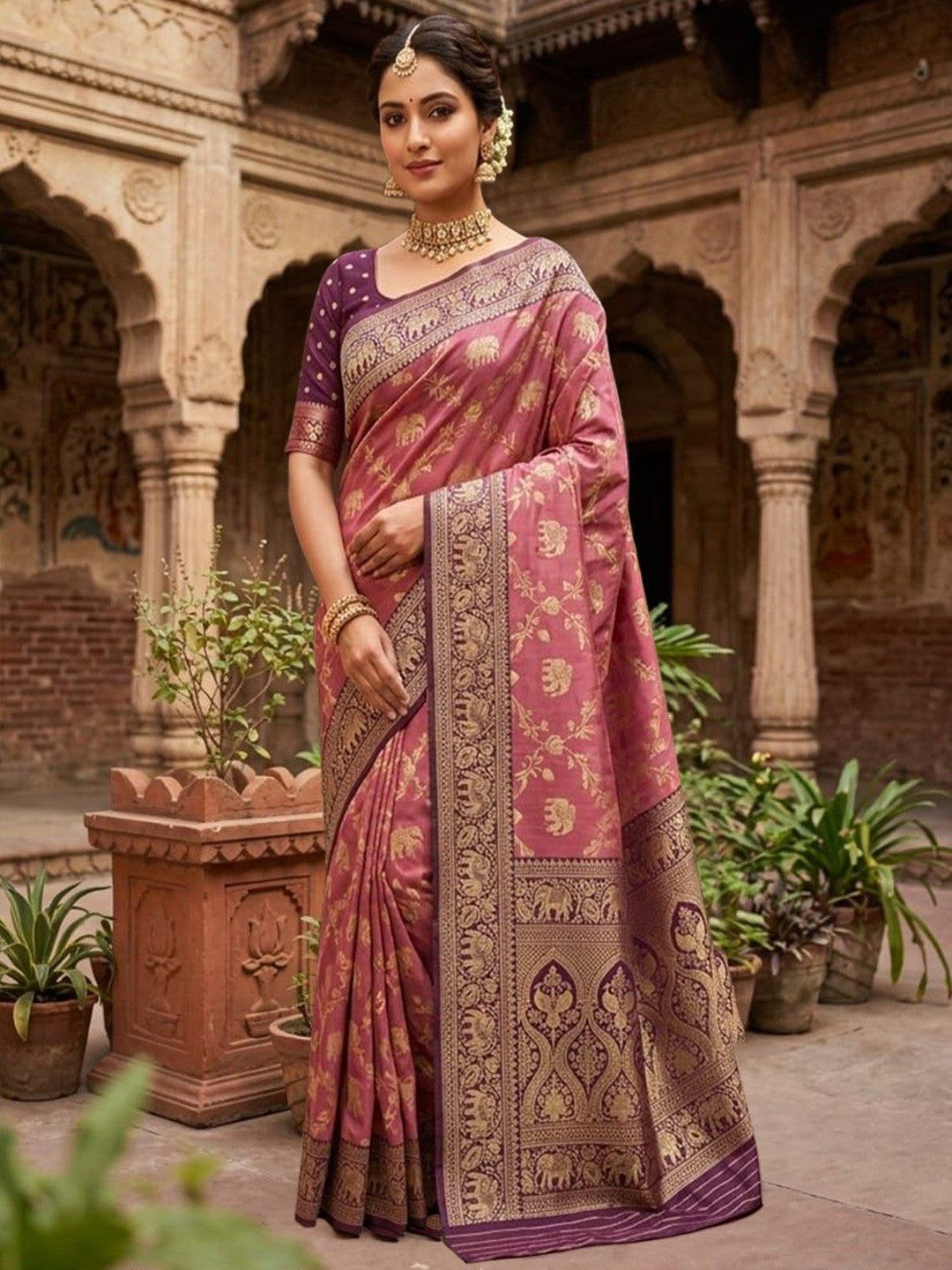 Elegant Mauve Silk Blend Woven Zari Saree with Intricate Elephant Motifs - Image 1