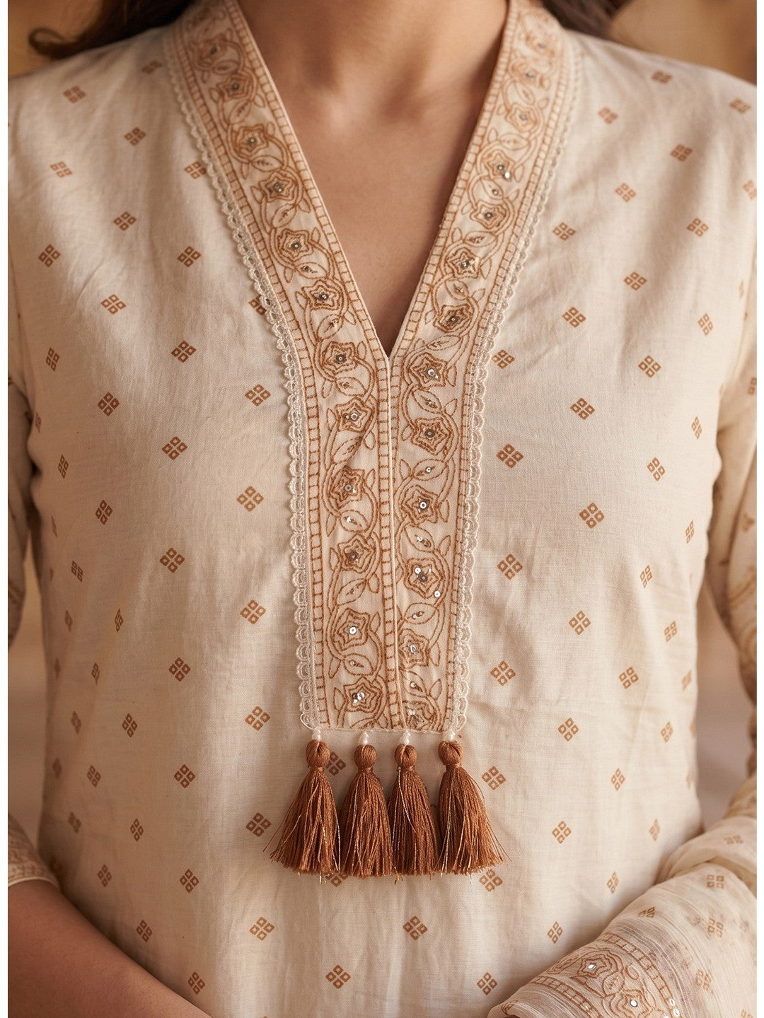 Off White & Rust Pure Cotton Salwar Suit with Printed Design and Matching Dupatta Easy Fit Wear - Image 2