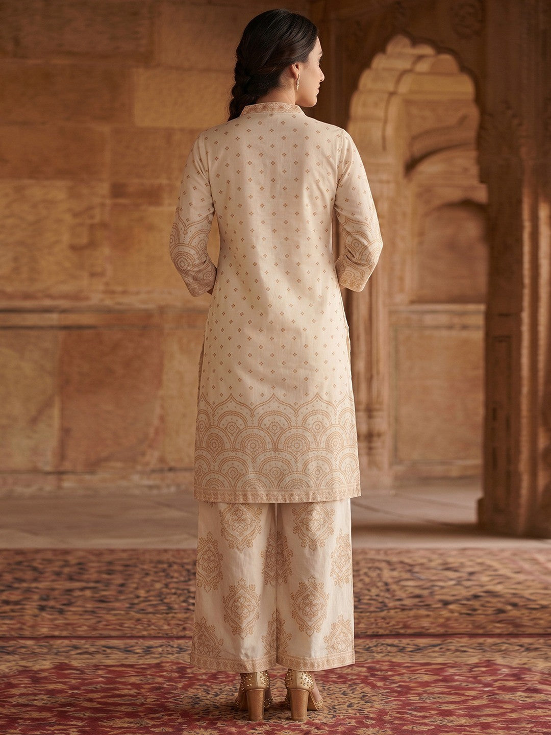 Off White & Rust Pure Cotton Salwar Suit with Printed Design and Matching Dupatta Easy Fit Wear - Image 3