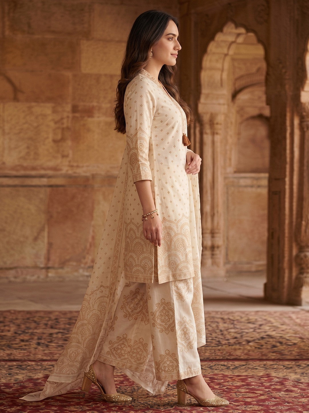 Off White & Rust Pure Cotton Salwar Suit with Printed Design and Matching Dupatta Easy Fit Wear - Image 4