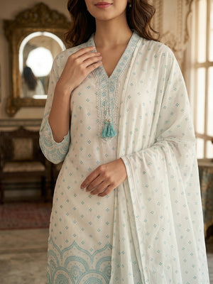 Off White & Blue Pure Cotton Salwar Suit with Printed Design and Matching Dupatta Easy Fit Wear - Image 2