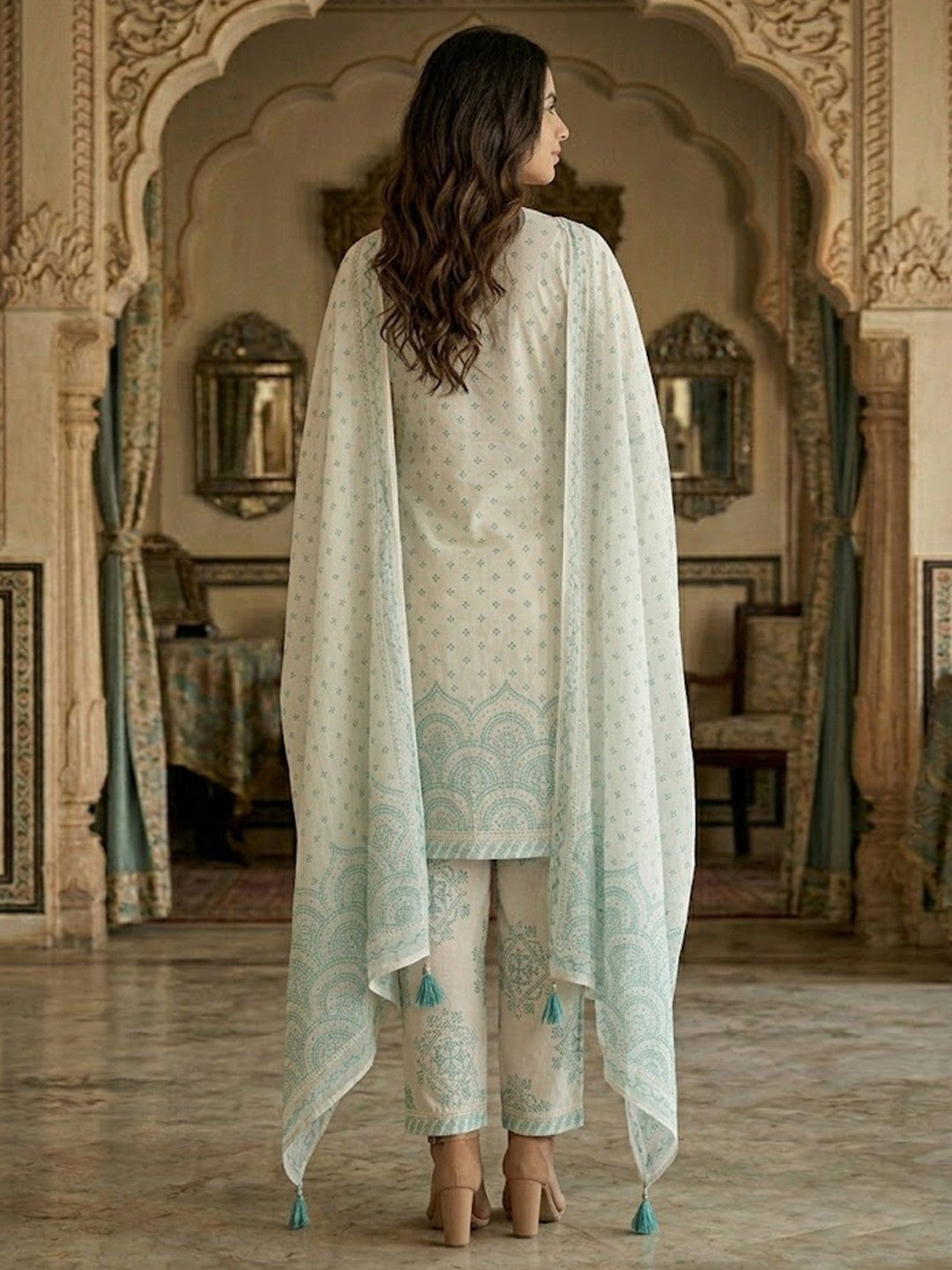Off White & Blue Pure Cotton Salwar Suit with Printed Design and Matching Dupatta Easy Fit Wear - Image 3