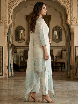 Off White & Blue Pure Cotton Salwar Suit with Printed Design and Matching Dupatta Easy Fit Wear - Image 2