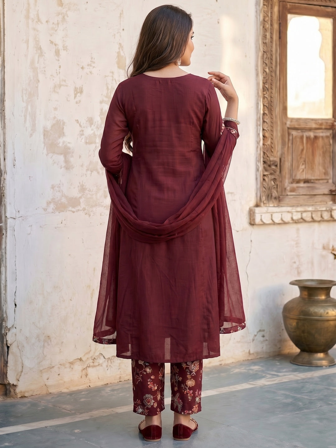 Elegant Maroon Viscose Embroidered Salwar Suit with Printed Palazzo - Image 3