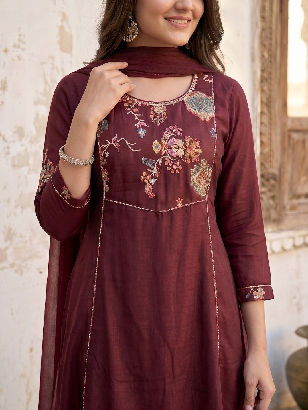 Elegant Maroon Viscose Embroidered Salwar Suit with Printed Palazzo - Image 4