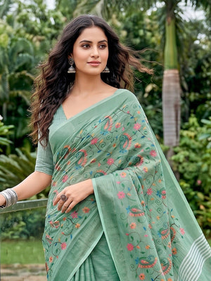 Elegant Rama Green Floral & Paisley Embroidered Linen Saree With Intricate Thread Work - Image 2