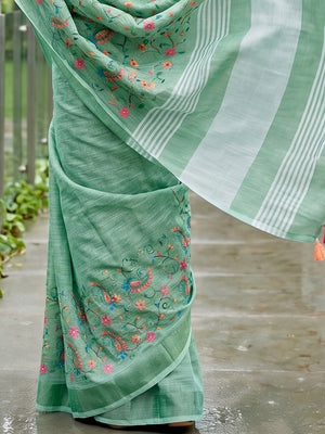 Elegant Rama Green Floral & Paisley Embroidered Linen Saree With Intricate Thread Work - Image 2
