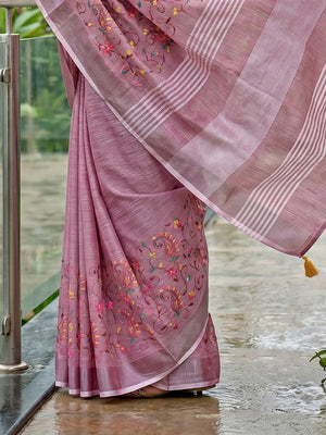 Elegant Muave Floral & Paisley Embroidered Linen Saree With Intricate Thread Work - Image 2