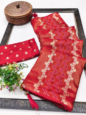 Classic Red Banarasi Jacquard Saree With Artistic Floral & Bandhani Design Weaving - Image 1