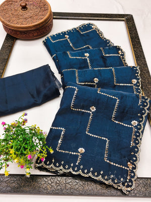 Graceful Blue Sequins With Detailed Beads & Stone Work Organza Satin Silk Saree - Image 2