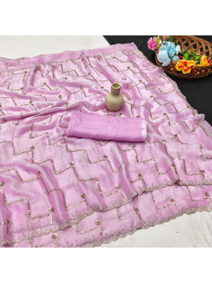 Graceful Pink Sequins With Detailed Beads & Stone Work Organza Satin Silk Saree - Image 2