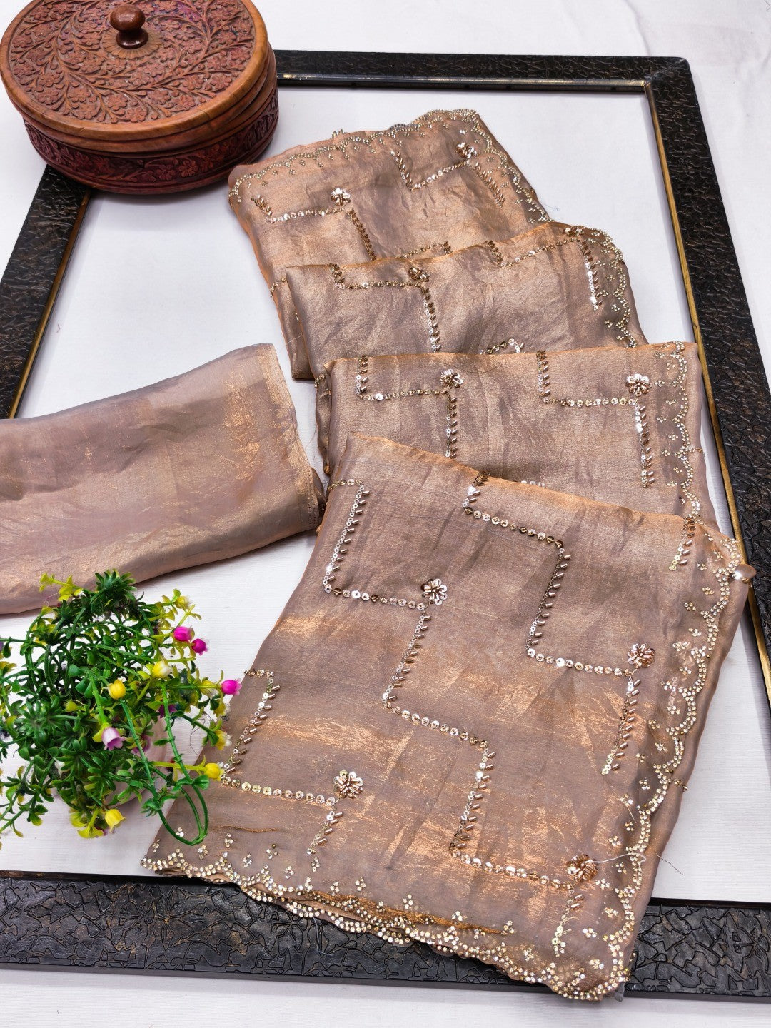 Graceful Chikoo Sequins With Detailed Beads & Stone Work Organza Satin Silk Saree - Image 2