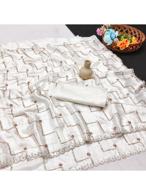 Graceful Offwhite Sequins With Detailed Beads & Stone Work Organza Satin Silk Saree - Image 2
