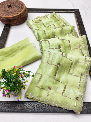 Graceful Green Sequins With Detailed Beads & Stone Work Organza Satin Silk Saree - Image 2