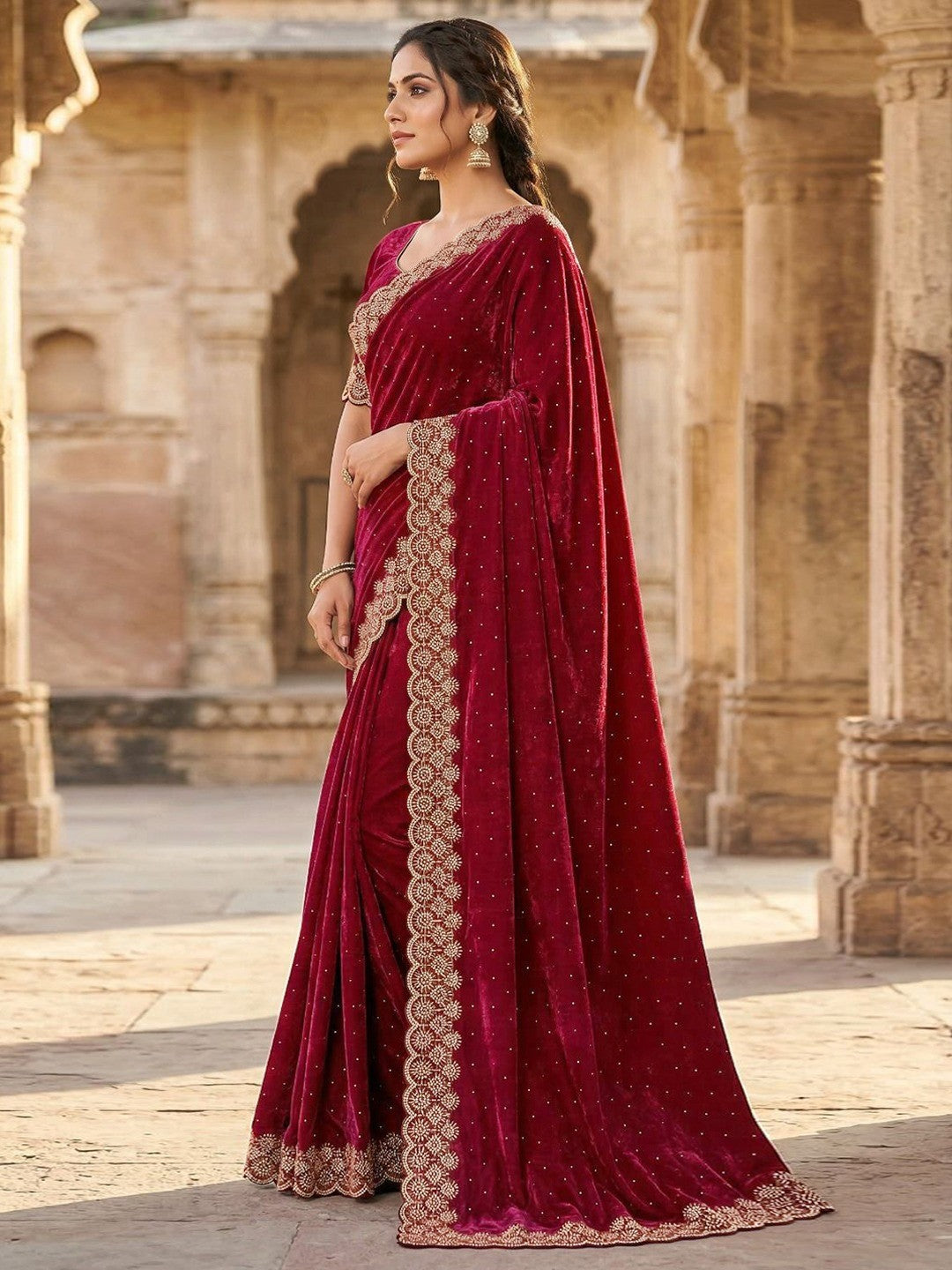 Graceful Maroon Silk Blend Saree Accented With Swarovski Stone Work & Delicate Lace Border - Image 4