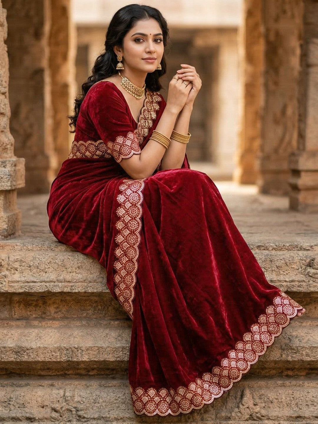 Graceful Maroon Silk Blend Saree Accented With Swarovski Stone Work & Delicate Lace Border - Image 3