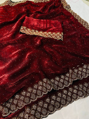 Graceful Maroon Silk Blend Saree Accented With Swarovski Stone Work & Delicate Lace Border - Image 2