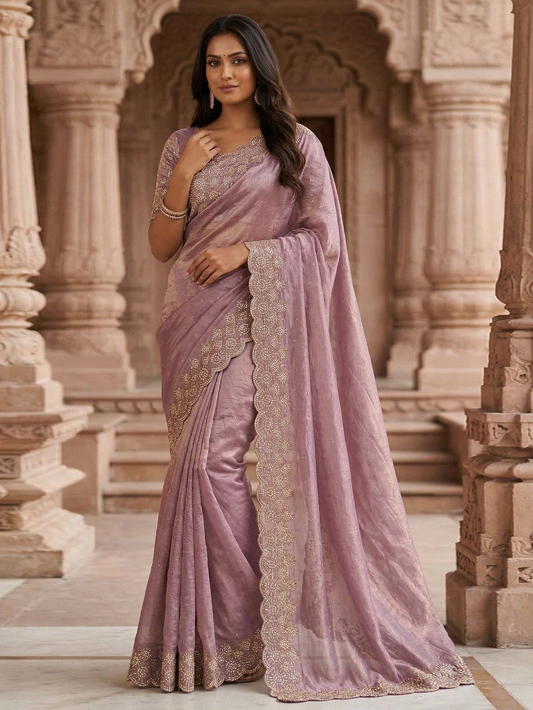 Graceful Mauve Silk Blend Saree Accented With Swarovski Stone Work & Delicate Lace Border - Image 1