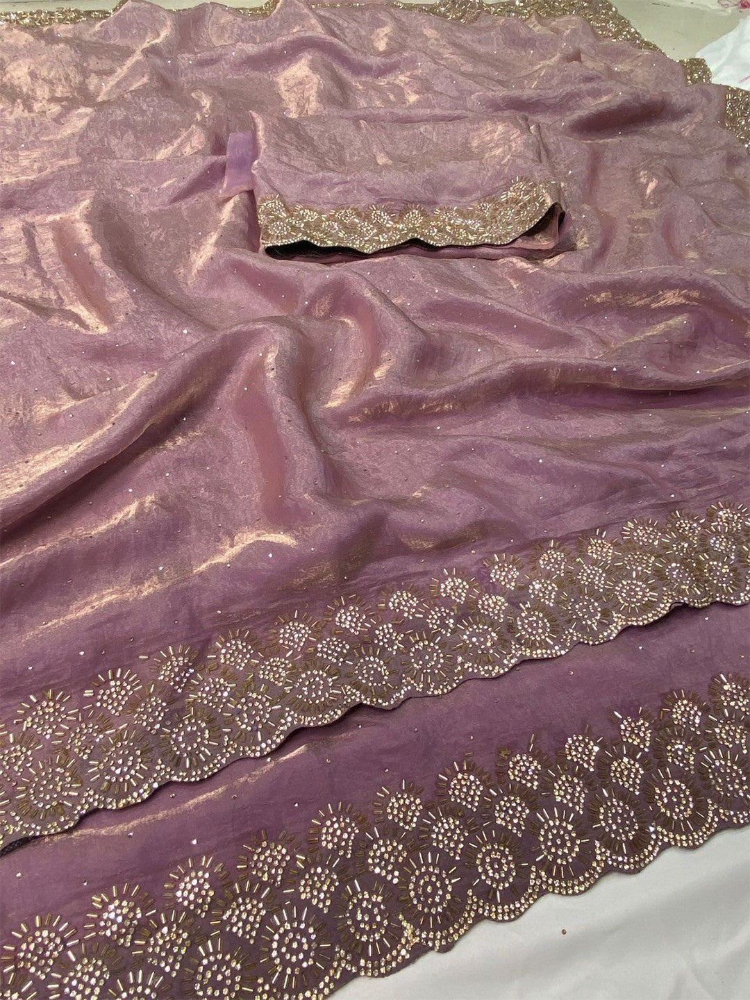 Graceful Mauve Silk Blend Saree Accented With Swarovski Stone Work & Delicate Lace Border - Image 3