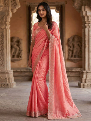 Graceful Peach Silk Blend Saree Accented With Swarovski Stone Work & Delicate Lace Border - Image 1