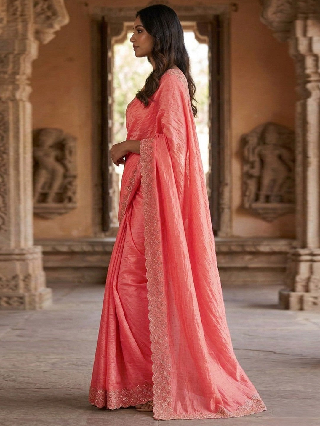 Graceful Peach Silk Blend Saree Accented With Swarovski Stone Work & Delicate Lace Border - Image 3