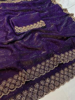 Graceful Purple Silk Blend Saree Accented With Swarovski Stone Work & Delicate Lace Border - Image 2