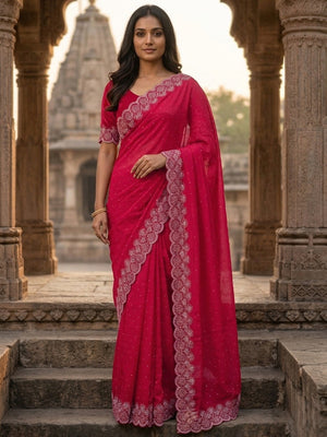 Graceful Rani Pink Silk Blend Saree Accented With Swarovski Stone Work & Delicate Lace Border - Image 1