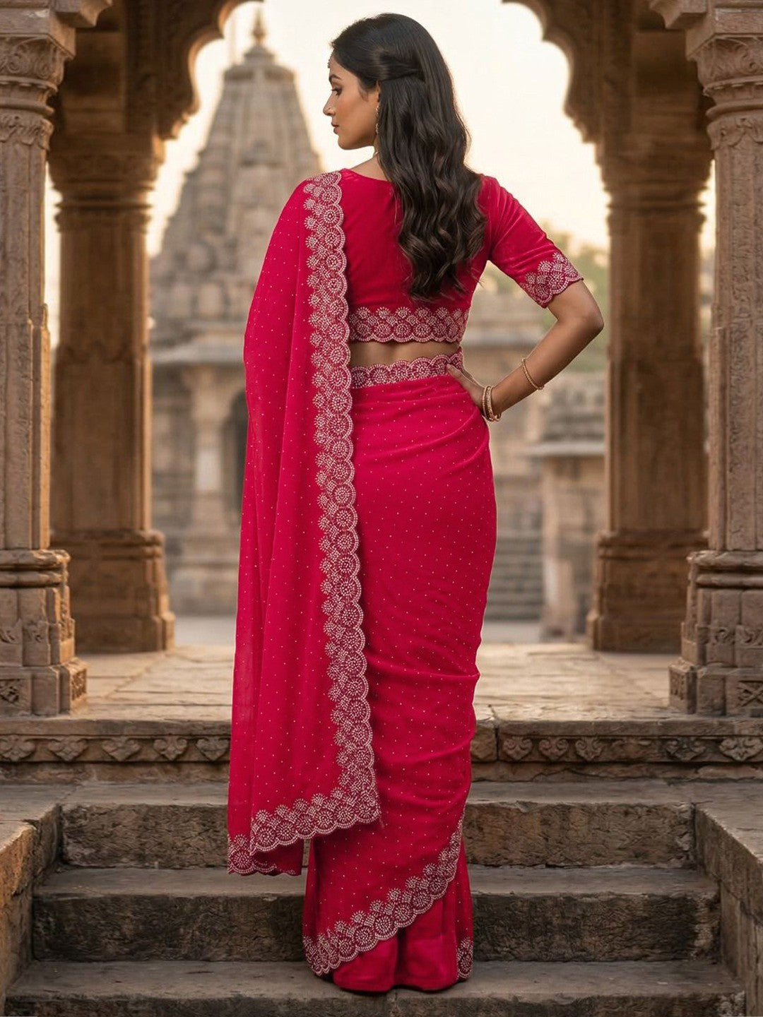 Graceful Rani Pink Silk Blend Saree Accented With Swarovski Stone Work & Delicate Lace Border - Image 4
