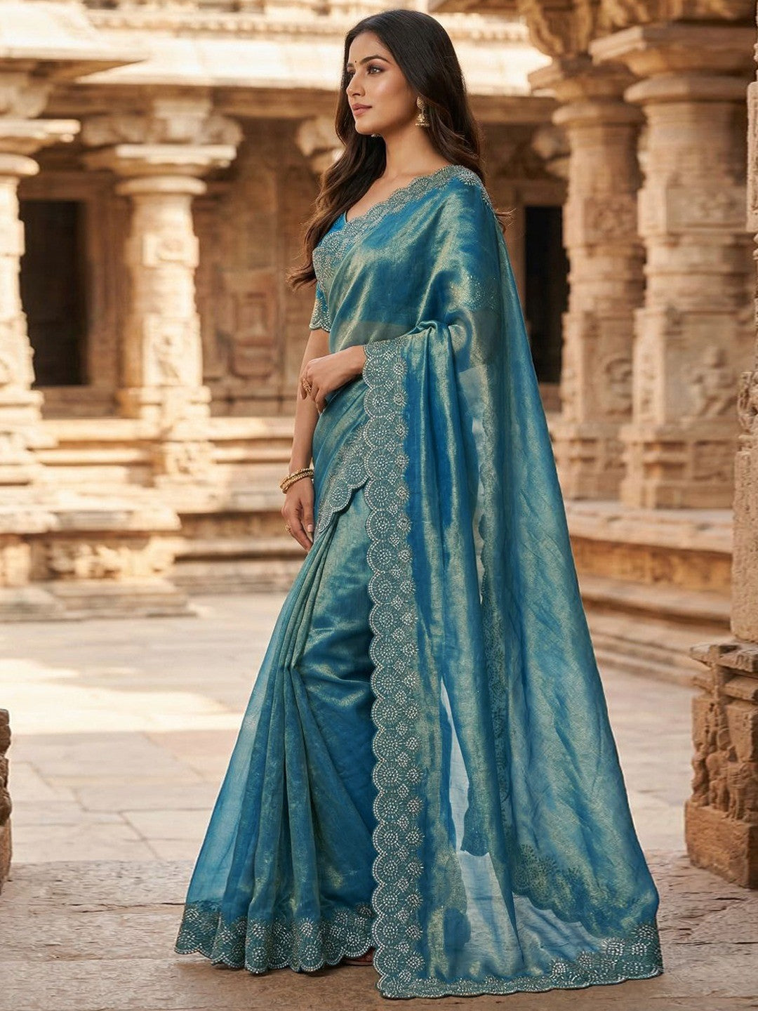 Graceful Teal Silk Blend Saree Accented With Swarovski Stone Work & Delicate Lace Border - Image 2