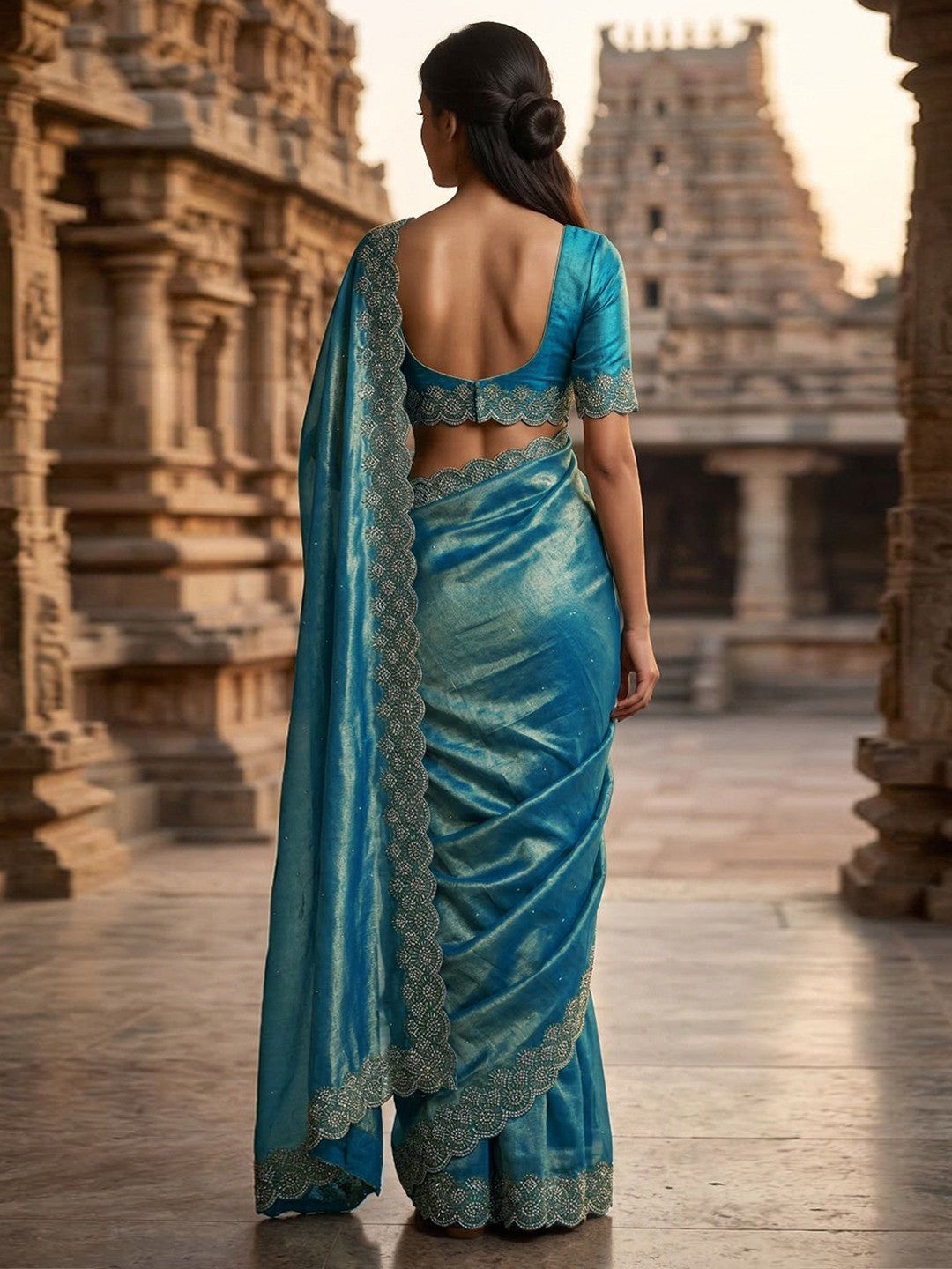 Graceful Teal Silk Blend Saree Accented With Swarovski Stone Work & Delicate Lace Border - Image 3