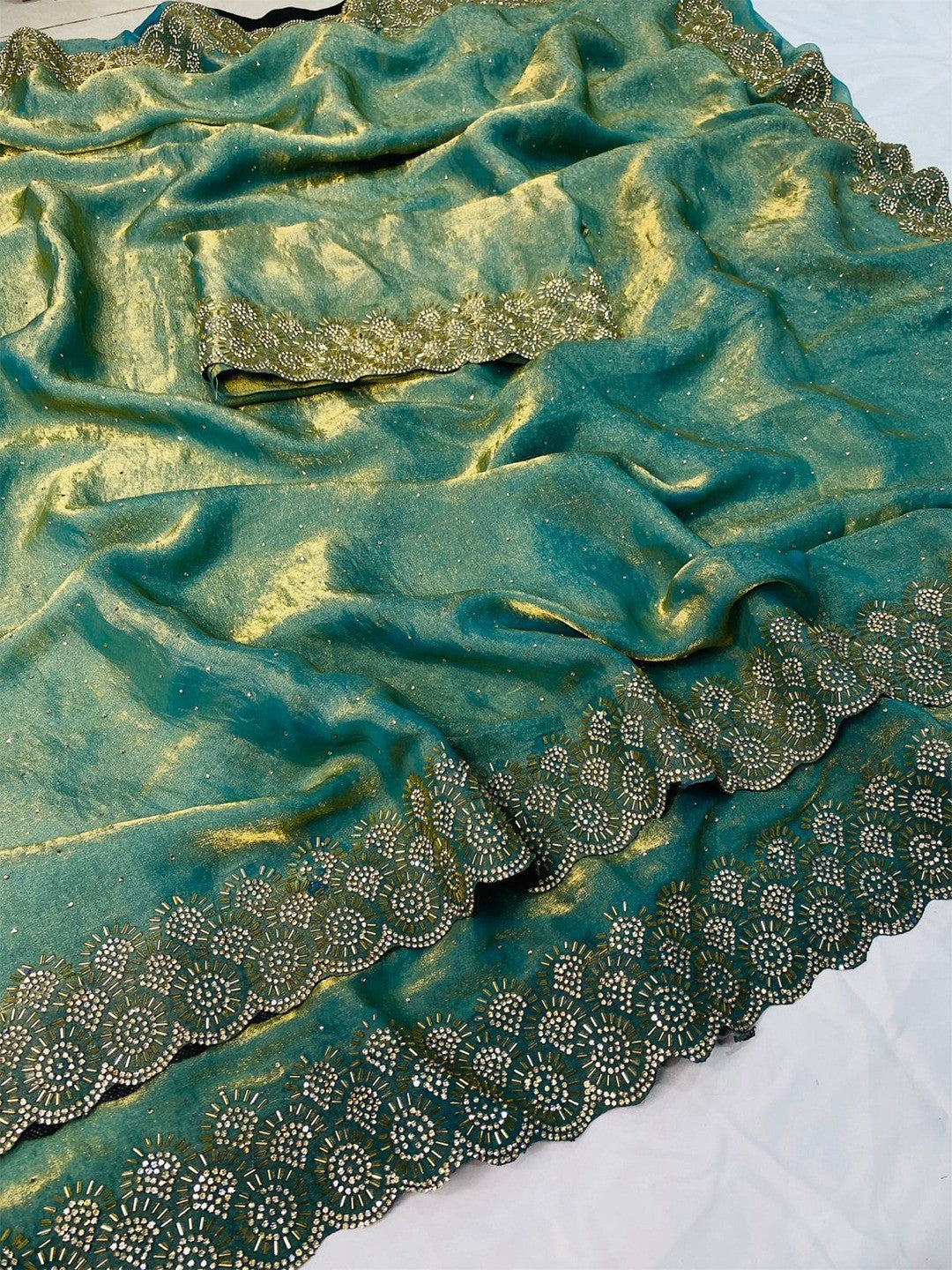 Graceful Turquoise Silk Blend Saree Accented With Swarovski Stone Work & Delicate Lace Border - Image 3