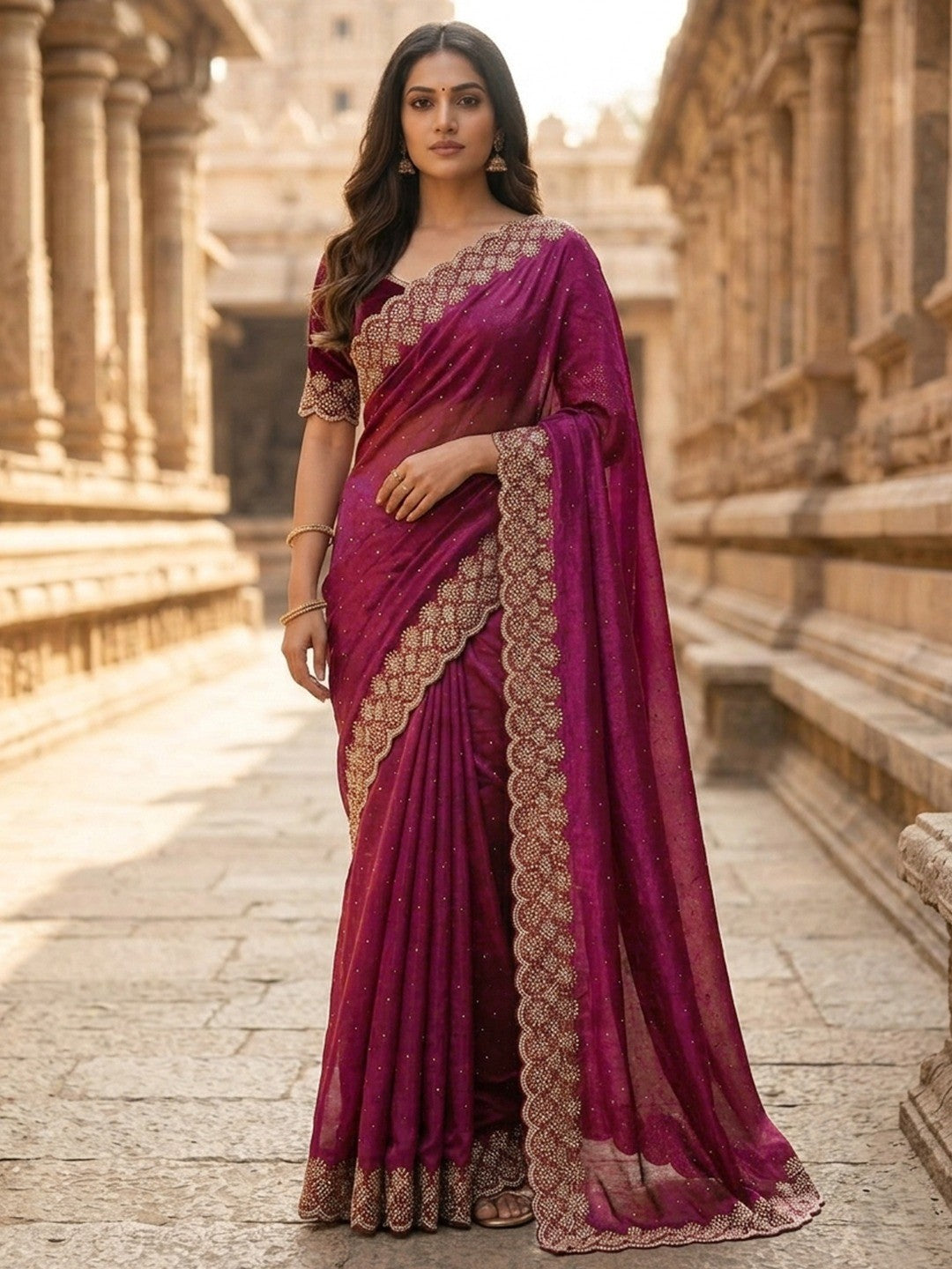 Graceful Wine Silk Blend Saree Accented With Swarovski Stone Work & Delicate Lace Border - Image 1