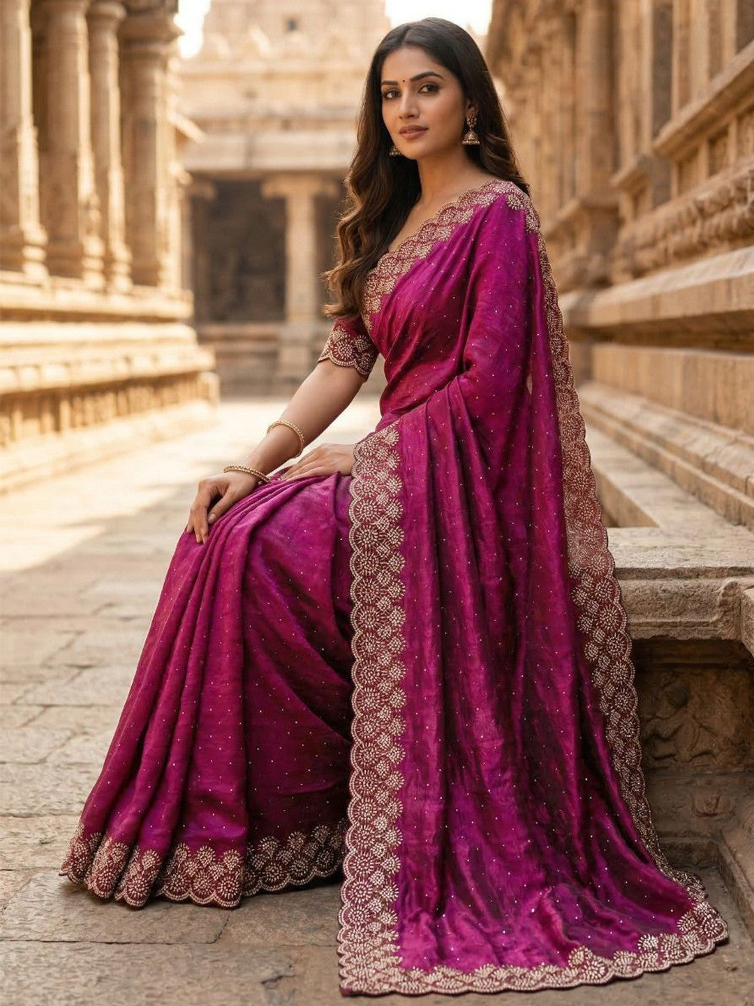 Graceful Wine Silk Blend Saree Accented With Swarovski Stone Work & Delicate Lace Border - Image 2