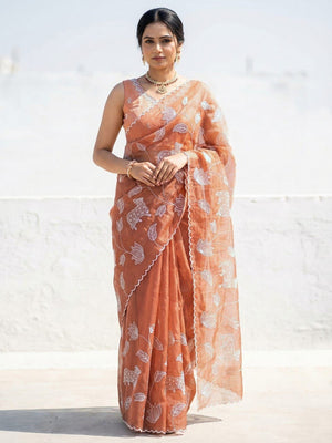 Premium Peach Silk Blend Saree Embellished With Floral & Animal Motif Thread Work - Image 1