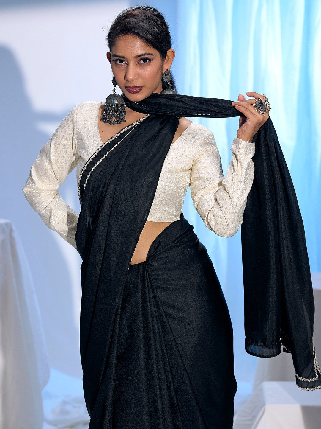 Classic Black Solid Satin Silk Saree With Embroidered Lace Border Finish - Image 2