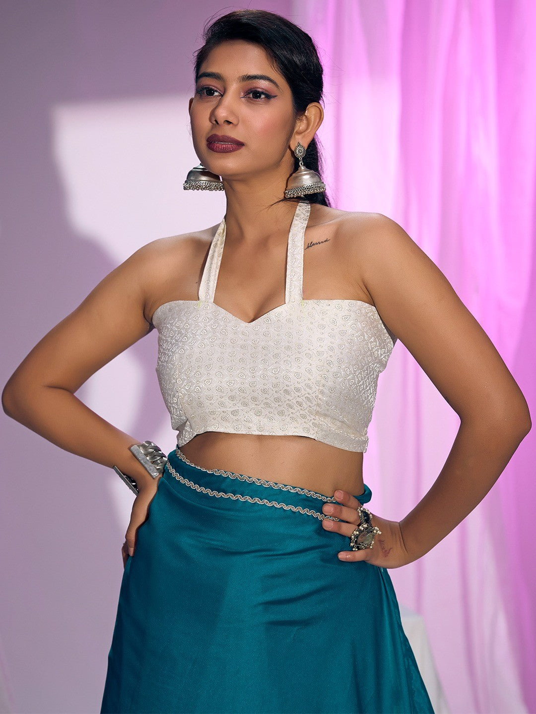 Classic Teal Solid Satin Silk Saree With Embroidered Lace Border Finish - Image 2