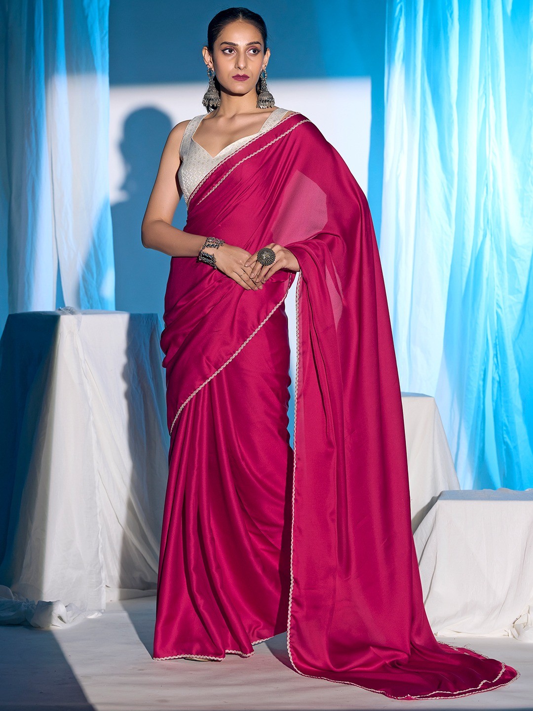 Classic Pink Solid Satin Silk Saree With Embroidered Lace Border Finish - Image 1