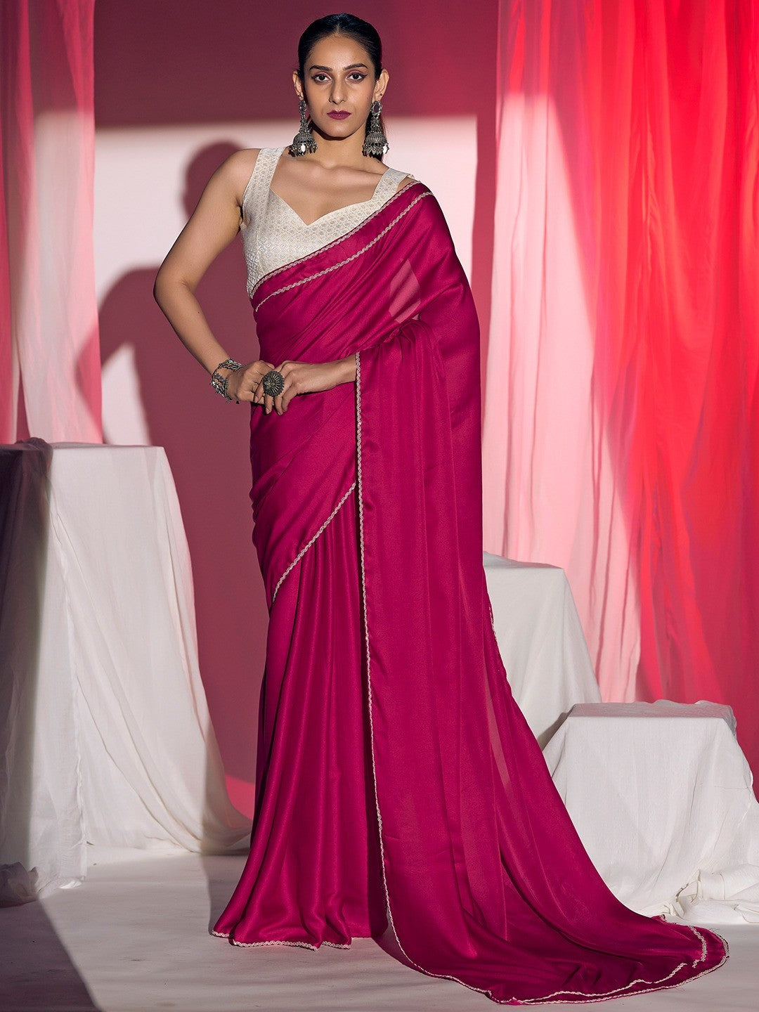 Classic Pink Solid Satin Silk Saree With Embroidered Lace Border Finish - Image 3