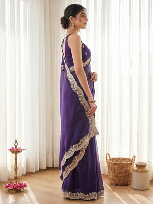 Elegant Purple Organza Satin Silk Saree With Fine Floral Zari & Thread Embroidered Border Work - Image 2