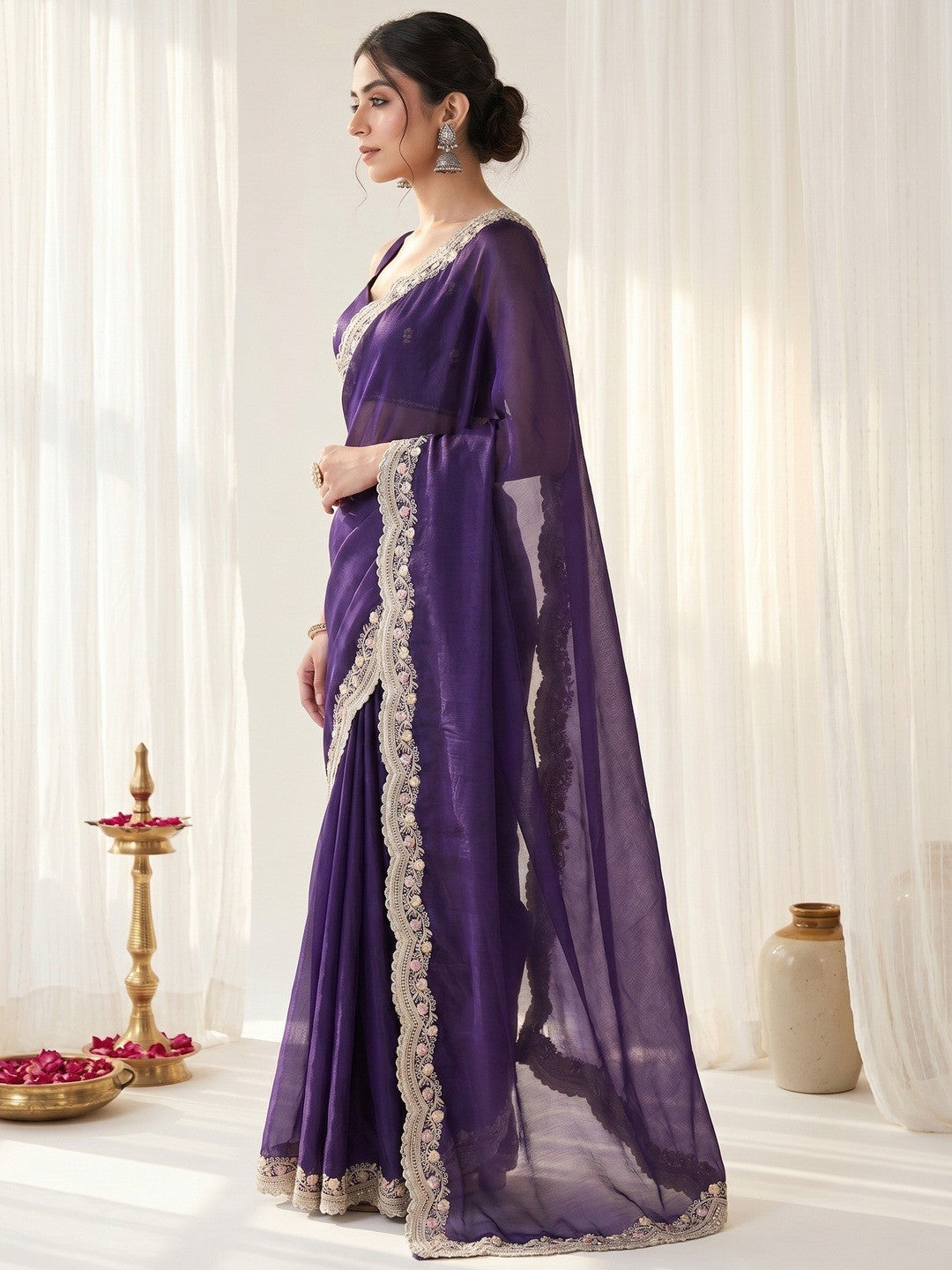 Elegant Purple Organza Satin Silk Saree With Fine Floral Zari & Thread Embroidered Border Work - Image 3